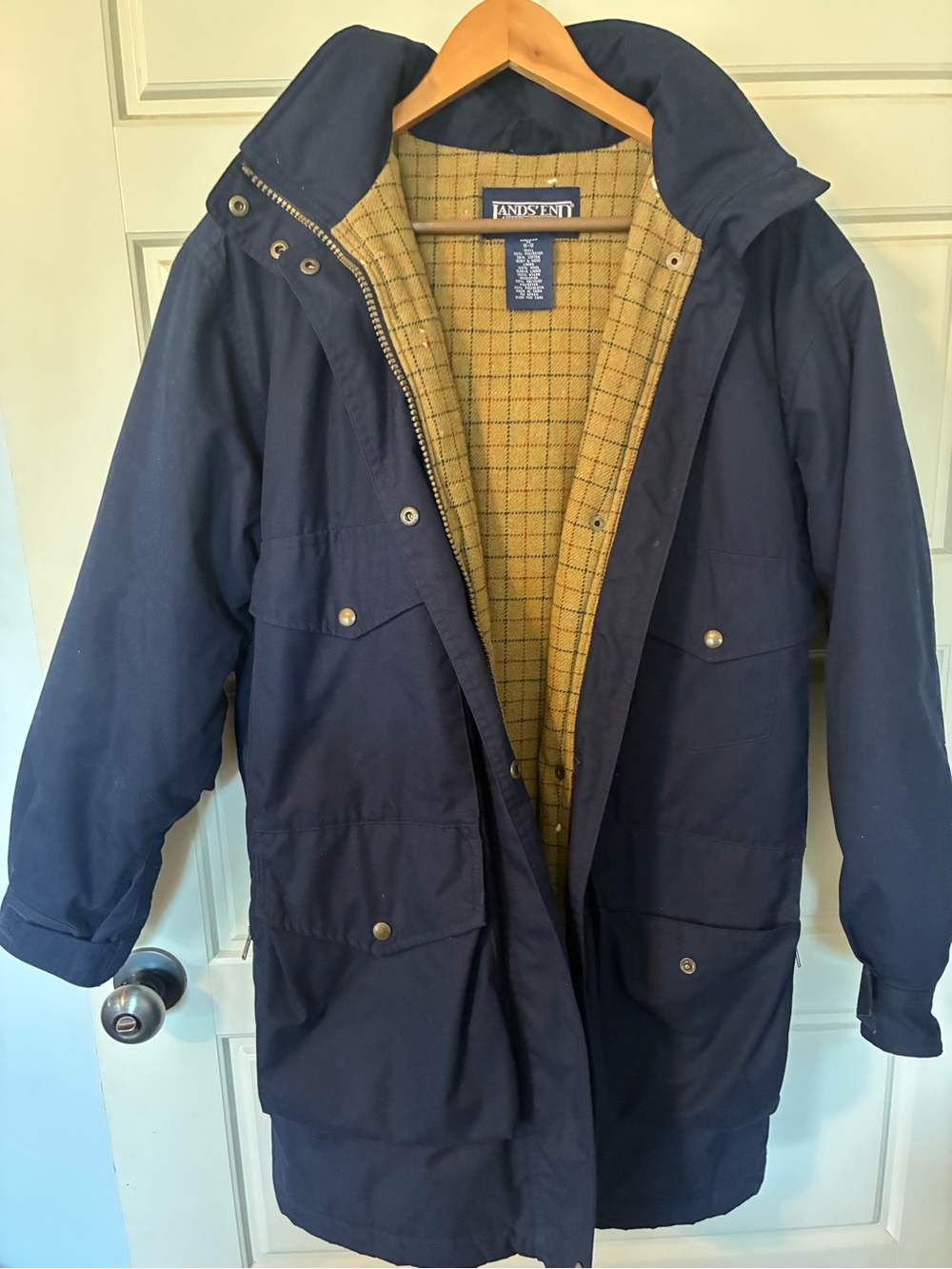 Lands' End Women’s Navy Raincoat with Yellow Plaid Lining